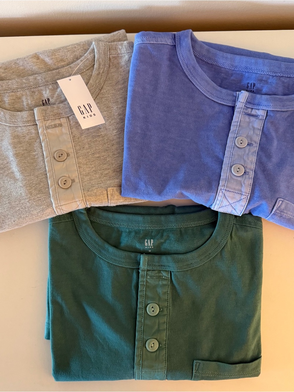 GAP Kids lot of 3 Henley Tops - Gray, Blue, Green